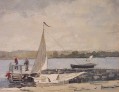 A Sloop in einem Kai Gloucester Realismus Marinemaler Winslow Homer